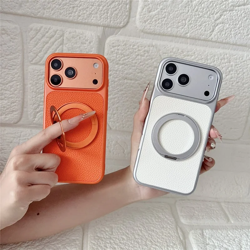 Für iPhone 17 Pro Hülle, drehbarer magnetischer Ständer, Lederhülle mit Litschitextur, PC + TPU-Handyhülle - Orange