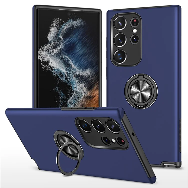 For Samsung Galaxy S23 Ultra Rotation Ring Kickstand Anti-fall Case Hard PC+Soft TPU Dual Layer Protection Phone Cover - Blue