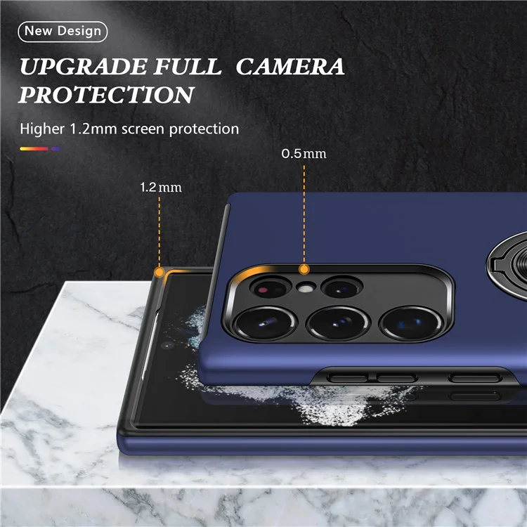 For Samsung Galaxy S23 Ultra Rotation Ring Kickstand Anti-fall Case Hard PC+Soft TPU Dual Layer Protection Phone Cover - Blue