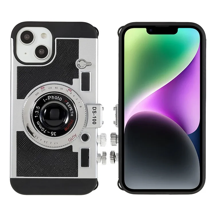 For iPhone 14 3D Retro Camera Design Phone Case PU Leather + TPU + PC Anti-Scratch Cover with Detachable Lanyard - Black