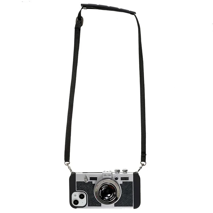 For iPhone 14 3D Retro Camera Design Phone Case PU Leather + TPU + PC Anti-Scratch Cover with Detachable Lanyard - Black