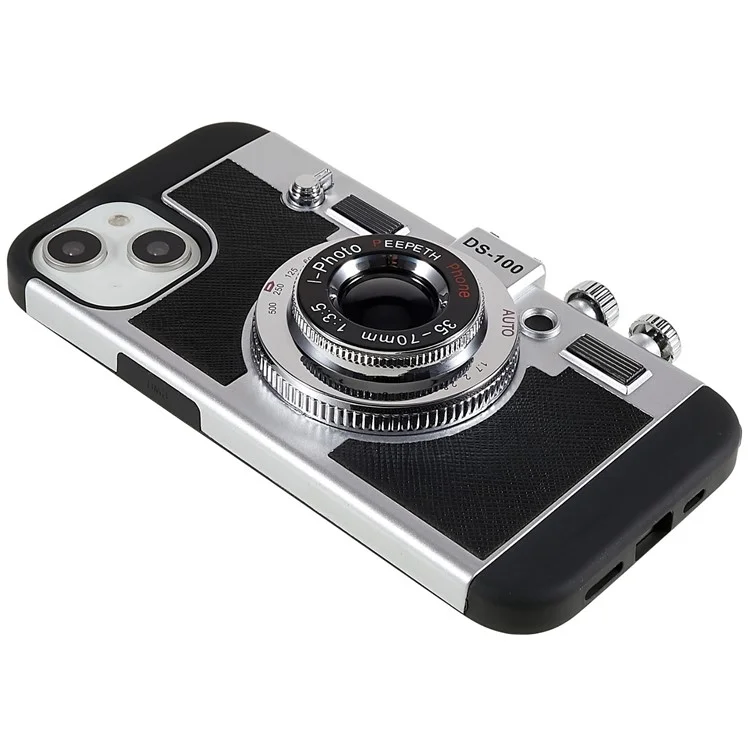 For iPhone 14 3D Retro Camera Design Phone Case PU Leather + TPU + PC Anti-Scratch Cover with Detachable Lanyard - Black