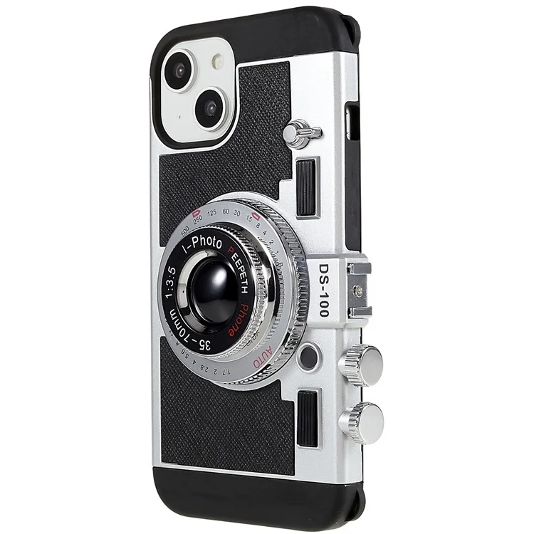 For iPhone 14 3D Retro Camera Design Phone Case PU Leather + TPU + PC Anti-Scratch Cover with Detachable Lanyard - Black