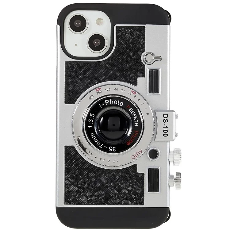 For iPhone 14 3D Retro Camera Design Phone Case PU Leather + TPU + PC Anti-Scratch Cover with Detachable Lanyard - Black