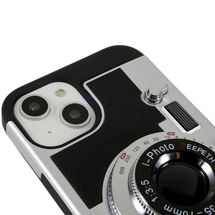 For iPhone 14 3D Retro Camera Design Phone Case PU Leather + TPU + PC Anti-Scratch Cover with Detachable Lanyard - Black