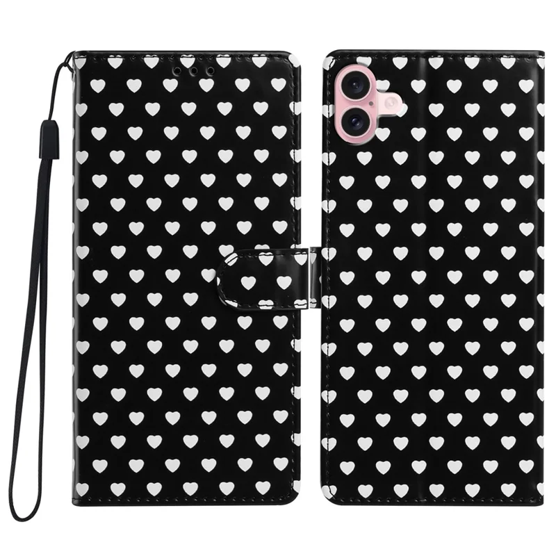 Für iPhone 16 Hülle Herz-Muster PU-Leder Klappe mit Ständer und Brieftasche, mit Handschlaufe - Schwarz