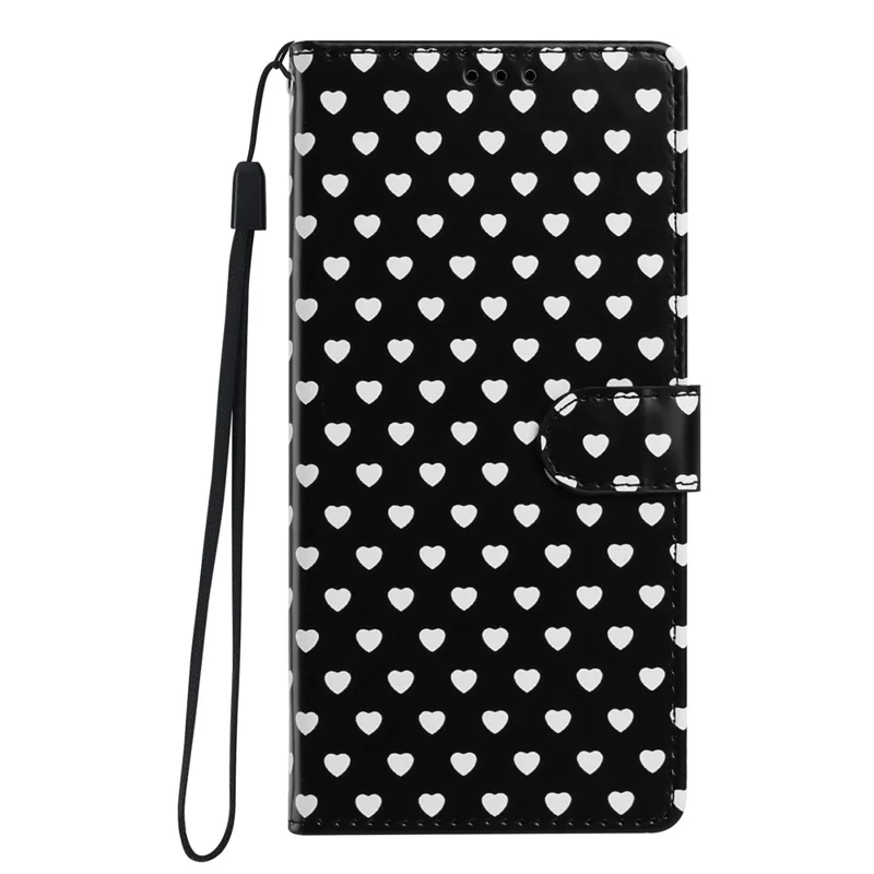 Für iPhone 16 Hülle Herz-Muster PU-Leder Klappe mit Ständer und Brieftasche, mit Handschlaufe - Schwarz