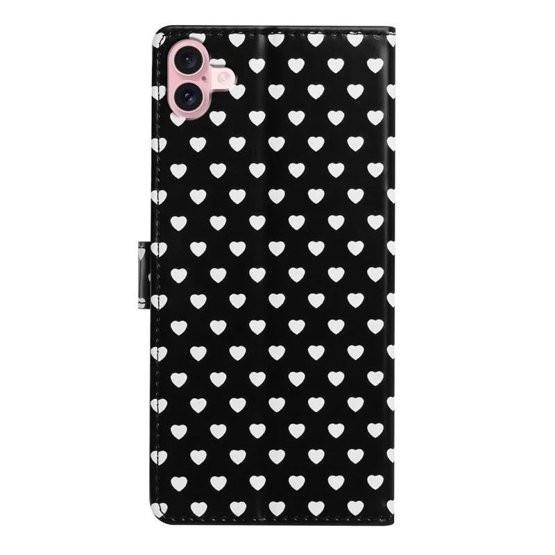 Für iPhone 16 Hülle Herz-Muster PU-Leder Klappe mit Ständer und Brieftasche, mit Handschlaufe - Schwarz