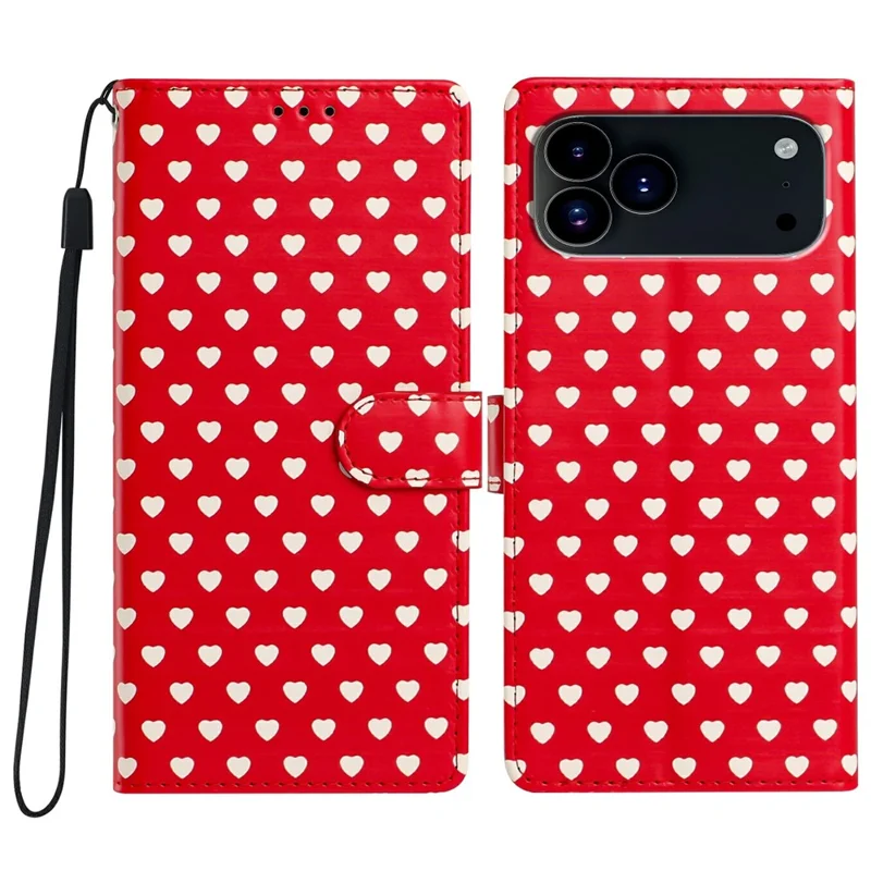 For iPhone 17 Pro Max Case Heart Pattern PU Leather Flip Wallet Stand Phone Cover with Wrist Strap - Red