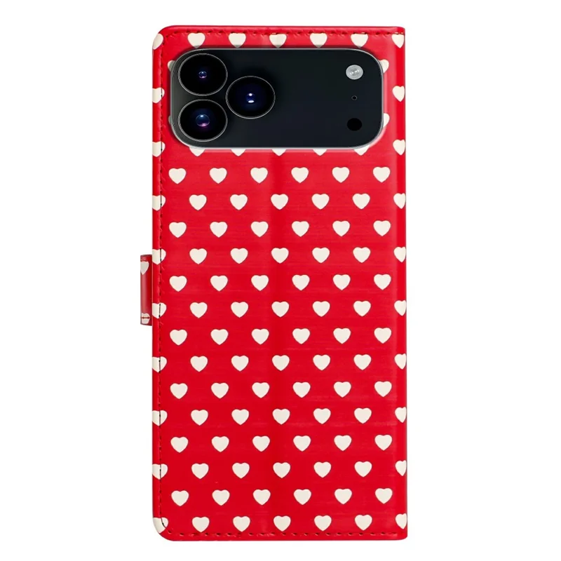 For iPhone 17 Pro Max Case Heart Pattern PU Leather Flip Wallet Stand Phone Cover with Wrist Strap - Red