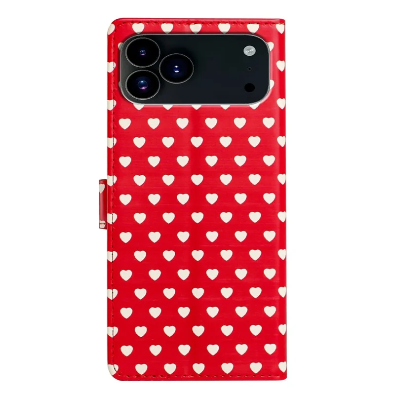 For iPhone 17 Pro Case Heart Pattern PU Leather Flip Wallet Stand Phone Cover with Wrist Strap - Red