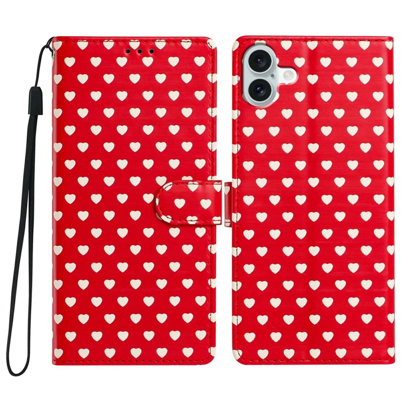 For iPhone 17 Case Heart Pattern PU Leather Flip Wallet Stand Phone Cover with Wrist Strap - Red