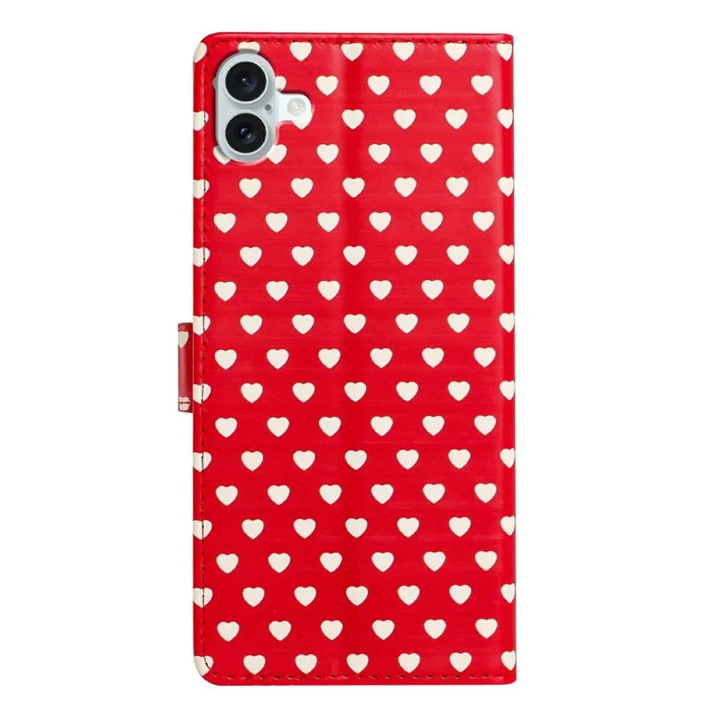 For iPhone 17 Case Heart Pattern PU Leather Flip Wallet Stand Phone Cover with Wrist Strap - Red