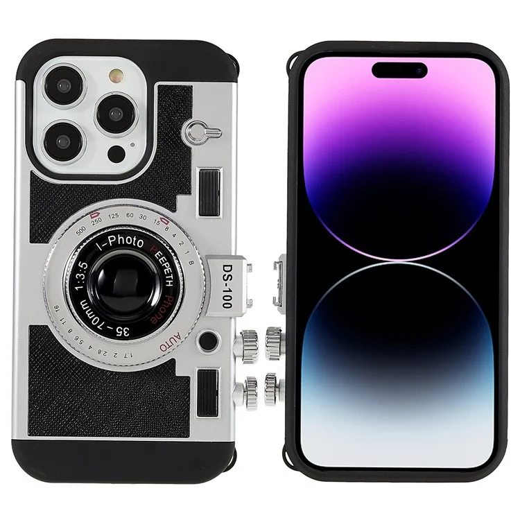 Für iPhone 14 Pro Vintage Style Classic Kamera Handyhülle PU-Leder + TPU + PC Fallschutz mit Lanyard - Schwarz