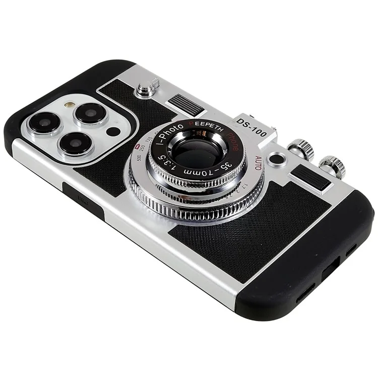 Für iPhone 14 Pro Vintage Style Classic Kamera Handyhülle PU-Leder + TPU + PC Fallschutz mit Lanyard - Schwarz