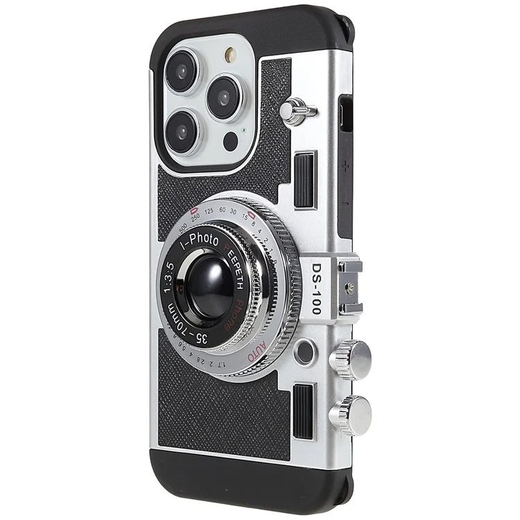 Für iPhone 14 Pro Vintage Style Classic Kamera Handyhülle PU-Leder + TPU + PC Fallschutz mit Lanyard - Schwarz