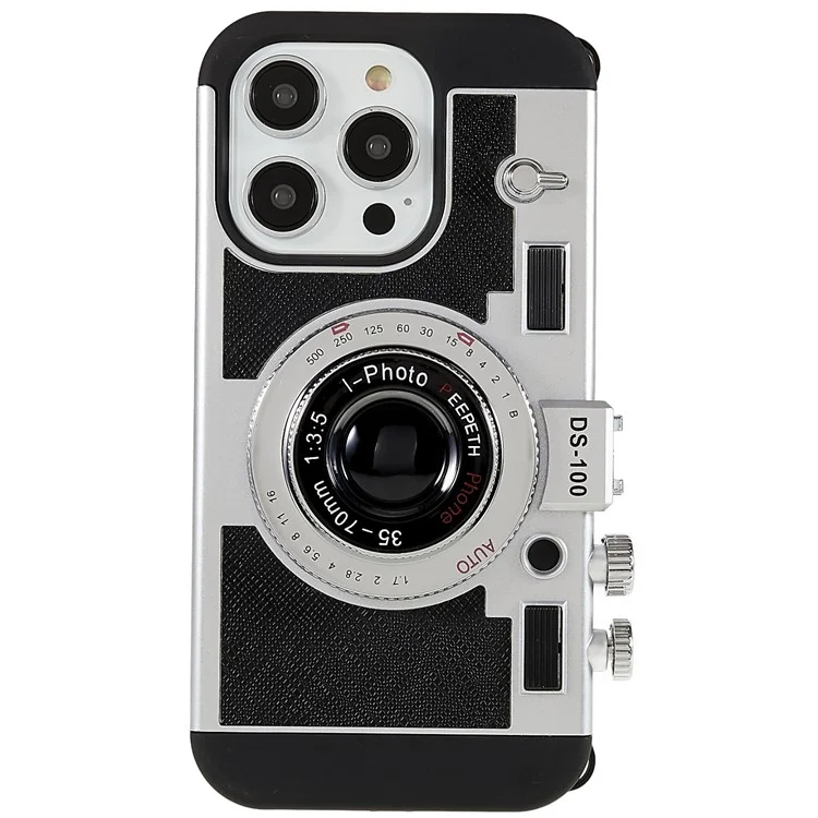 Für iPhone 14 Pro Vintage Style Classic Kamera Handyhülle PU-Leder + TPU + PC Fallschutz mit Lanyard - Schwarz