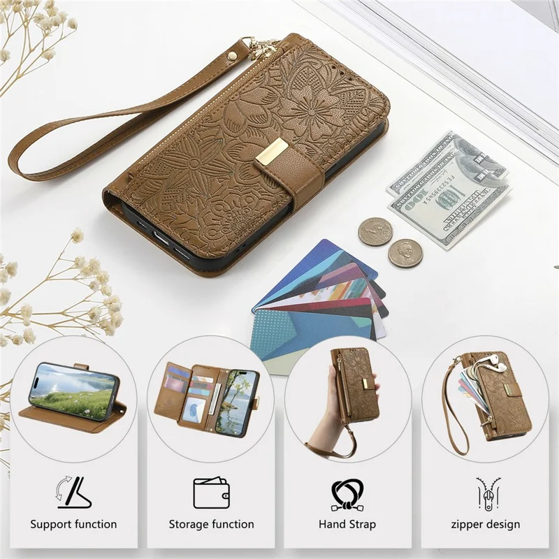For OnePlus Turbo 6X Pro 5G Case Floral Leaf Pattern Multi Card Slots Zipper Leather Phone Cover with Wrist Strap - Brown