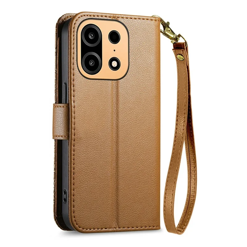 For OnePlus Turbo 6X Pro 5G Case Floral Leaf Pattern Multi Card Slots Zipper Leather Phone Cover with Wrist Strap - Brown