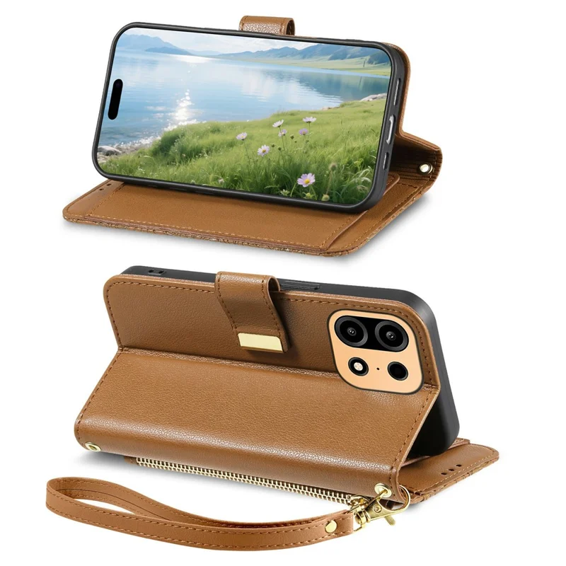 For OnePlus Turbo 6X Pro 5G Case Floral Leaf Pattern Multi Card Slots Zipper Leather Phone Cover with Wrist Strap - Brown