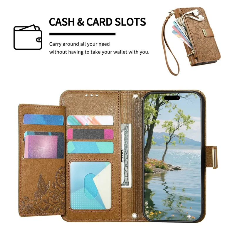 For OnePlus Turbo 6X Pro 5G Case Floral Leaf Pattern Multi Card Slots Zipper Leather Phone Cover with Wrist Strap - Brown