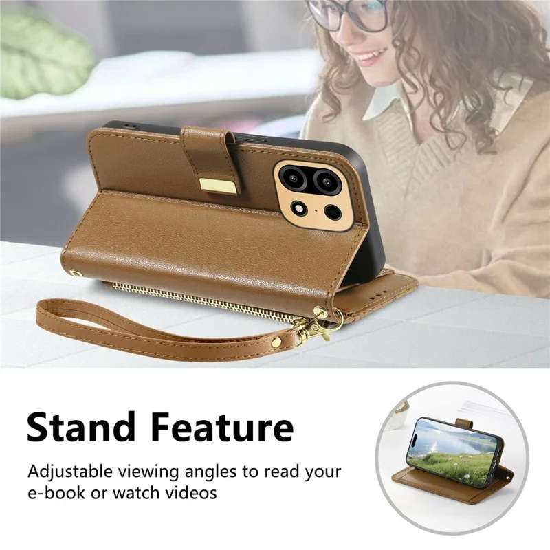 For OnePlus Turbo 6X Pro 5G Case Floral Leaf Pattern Multi Card Slots Zipper Leather Phone Cover with Wrist Strap - Brown