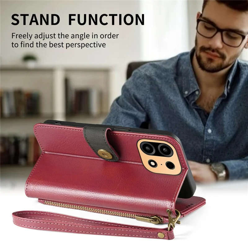 For OnePlus Turbo 6X Pro 5G Case Color Splicing PU Leather Flip Shockproof Phone Cover with Wrist Strap - Red
