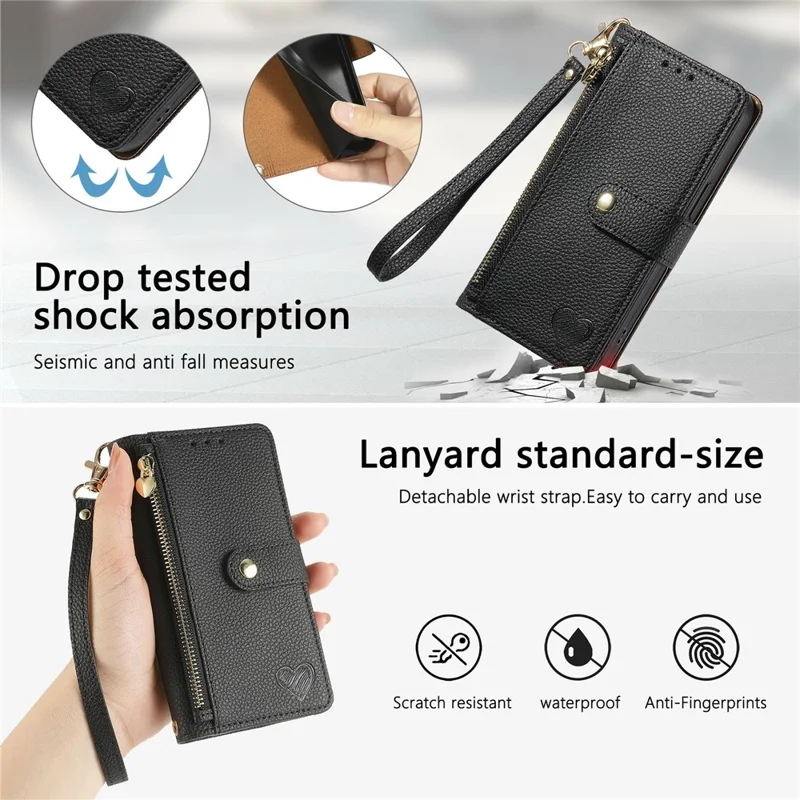 For OnePlus Turbo 6X Pro 5G Case RFID Blocking Zipper Pocket Leather Wallet Phone Cover with Strap - Black