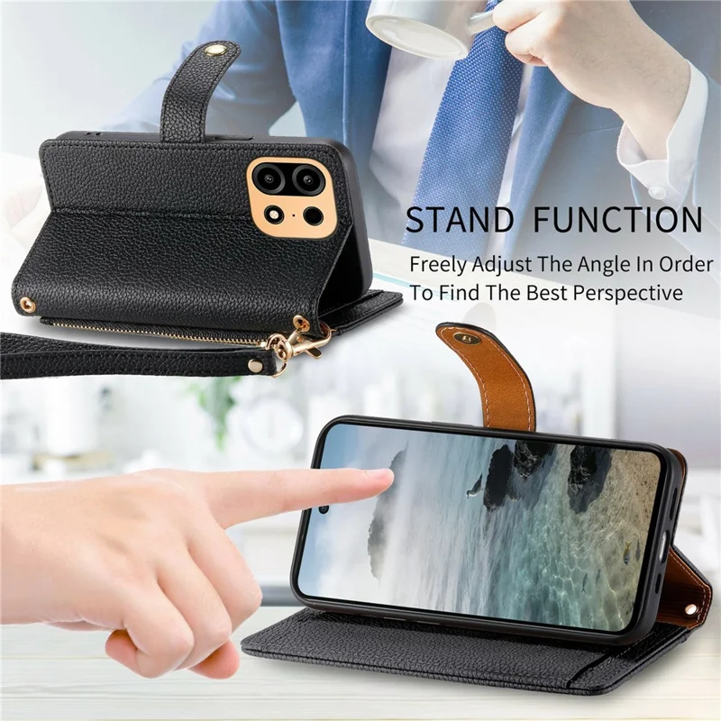 For OnePlus Turbo 6X Pro 5G Case RFID Blocking Zipper Pocket Leather Wallet Phone Cover with Strap - Black
