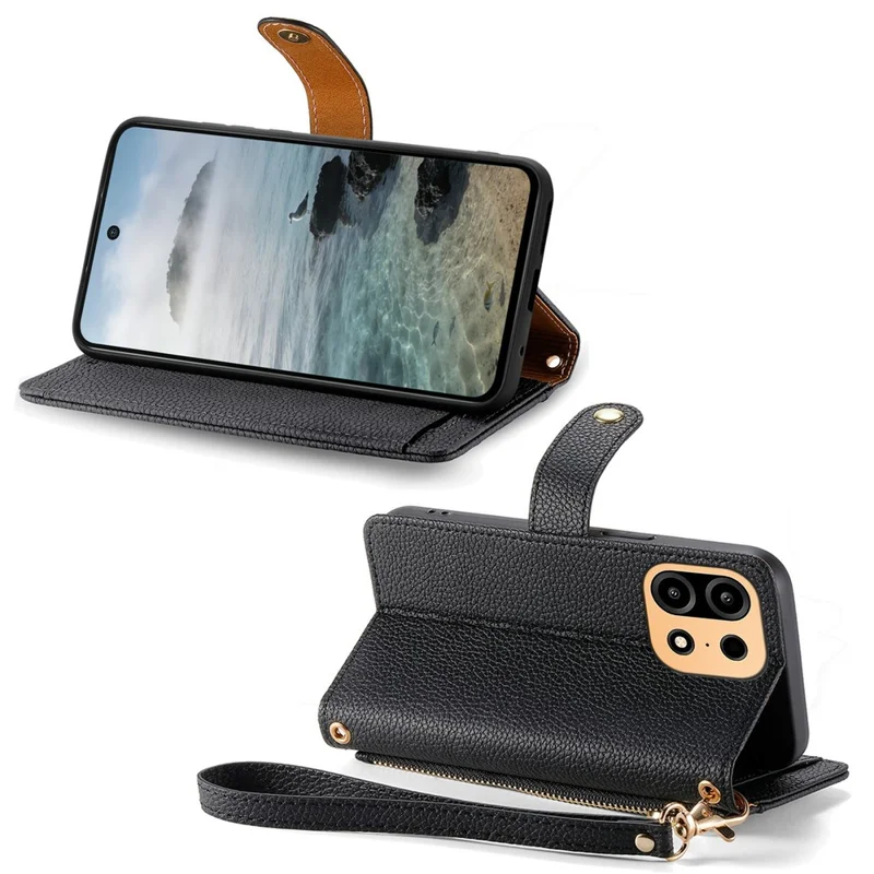 For OnePlus Turbo 6X Pro 5G Case RFID Blocking Zipper Pocket Leather Wallet Phone Cover with Strap - Black