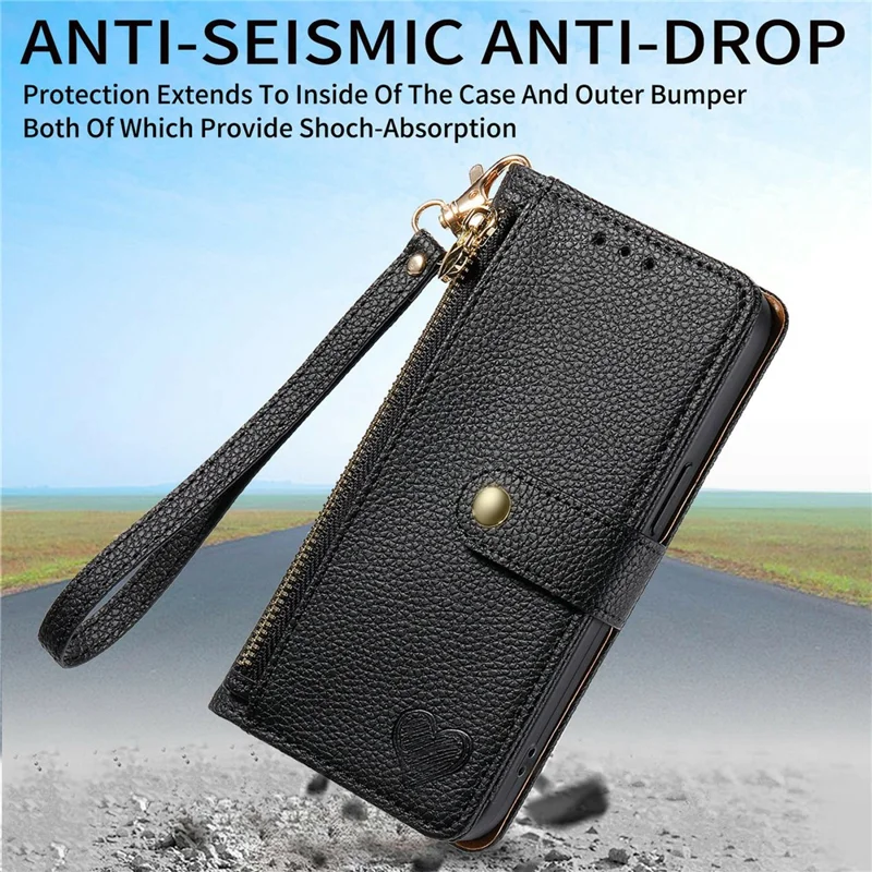 For OnePlus Turbo 6X Pro 5G Case RFID Blocking Zipper Pocket Leather Wallet Phone Cover with Strap - Black