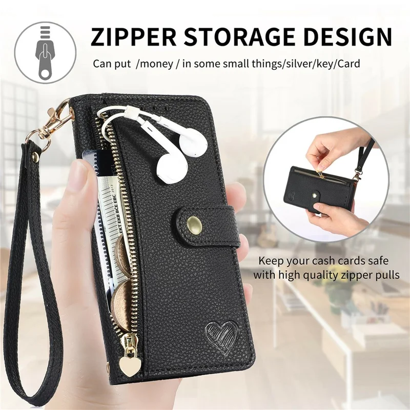 For OnePlus Turbo 6X Pro 5G Case RFID Blocking Zipper Pocket Leather Wallet Phone Cover with Strap - Black