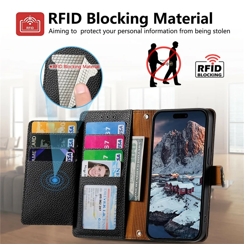 For OnePlus Turbo 6X Pro 5G Case RFID Blocking Zipper Pocket Leather Wallet Phone Cover with Strap - Black