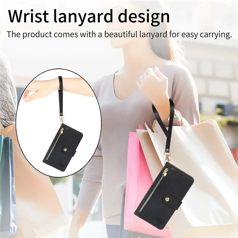 For OnePlus Turbo 6X Pro 5G Case RFID Blocking Zipper Pocket Leather Wallet Phone Cover with Strap - Black