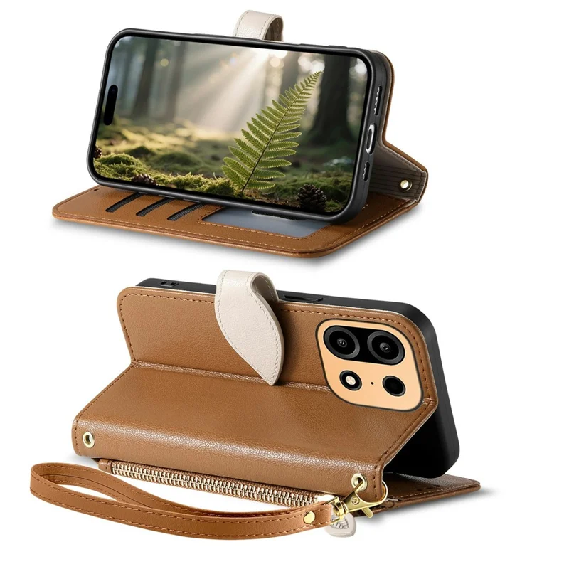 For OnePlus Turbo 6X Pro 5G Stand Case Leaf Shape Magnetic Clasp Leather Phone Cover with Hand Strap - Brown