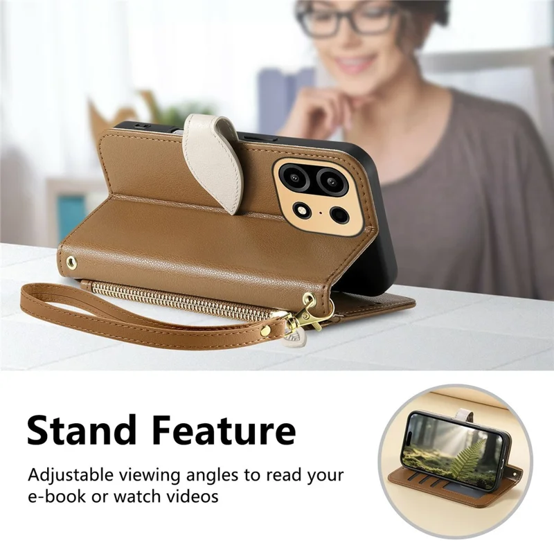 For OnePlus Turbo 6X Pro 5G Stand Case Leaf Shape Magnetic Clasp Leather Phone Cover with Hand Strap - Brown