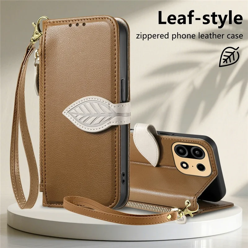 For OnePlus Turbo 6X Pro 5G Stand Case Leaf Shape Magnetic Clasp Leather Phone Cover with Hand Strap - Brown