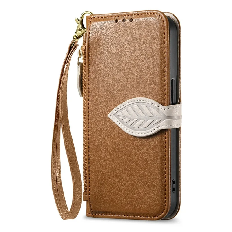 For OnePlus Turbo 6X Pro 5G Stand Case Leaf Shape Magnetic Clasp Leather Phone Cover with Hand Strap - Brown
