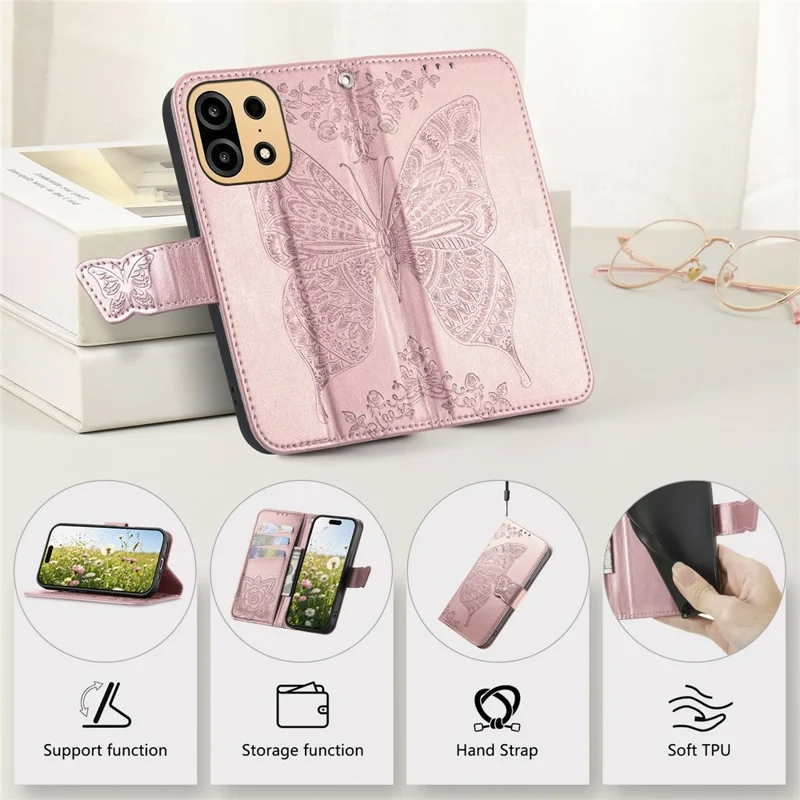 For OnePlus Turbo 6X Pro 5G Case with Strap Butterfly Pattern PU Leather Wallet Phone Cover - Rose Gold