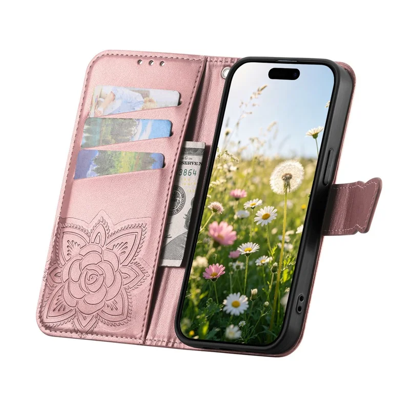 For OnePlus Turbo 6X Pro 5G Case with Strap Butterfly Pattern PU Leather Wallet Phone Cover - Rose Gold