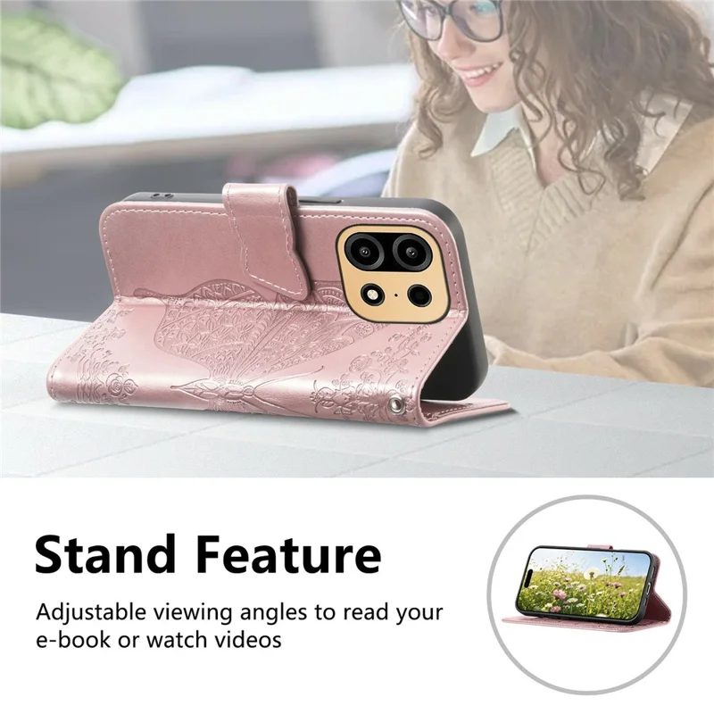 For OnePlus Turbo 6X Pro 5G Case with Strap Butterfly Pattern PU Leather Wallet Phone Cover - Rose Gold