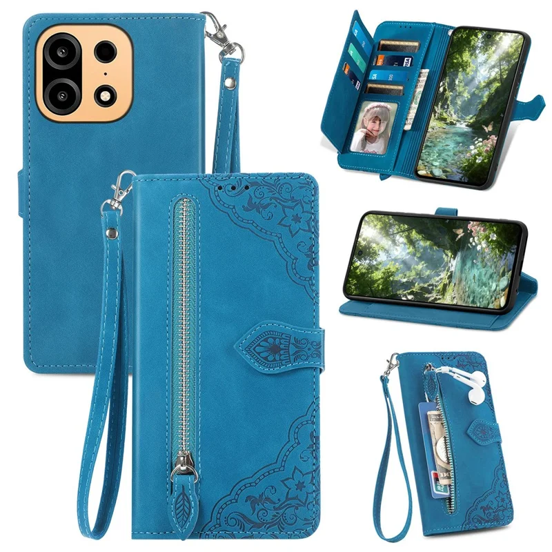 For OnePlus Turbo 6X Pro 5G Zipper Wallet Case with Strap Flower Imprint PU Leather Phone Cover - Blue
