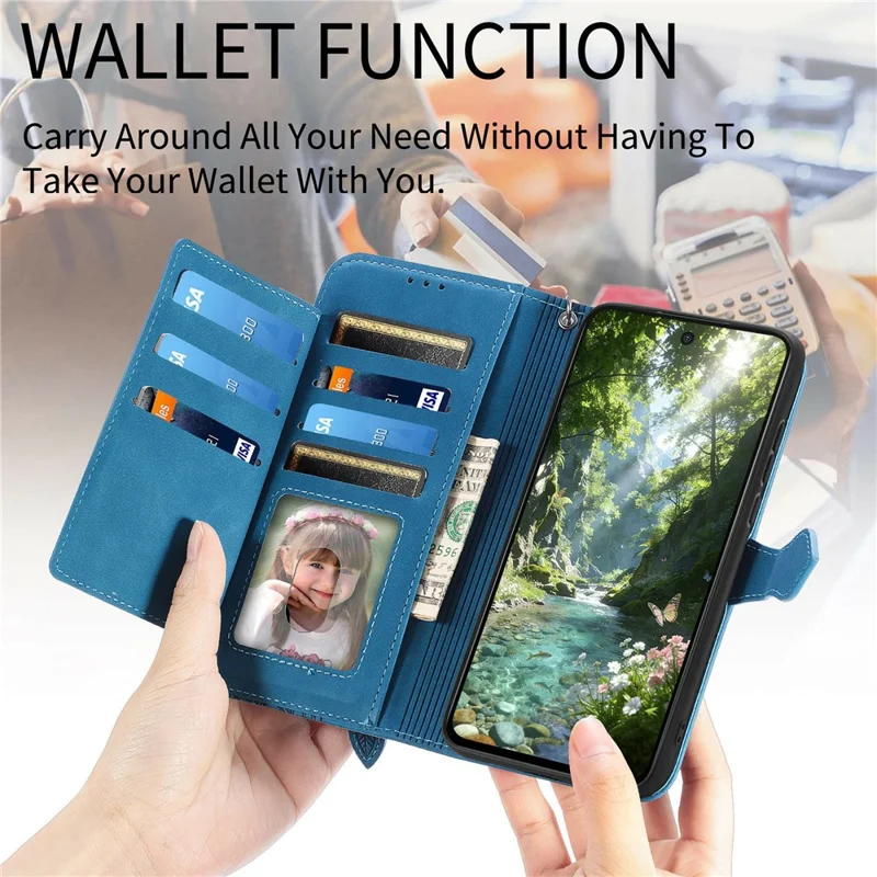 For OnePlus Turbo 6X Pro 5G Zipper Wallet Case with Strap Flower Imprint PU Leather Phone Cover - Blue