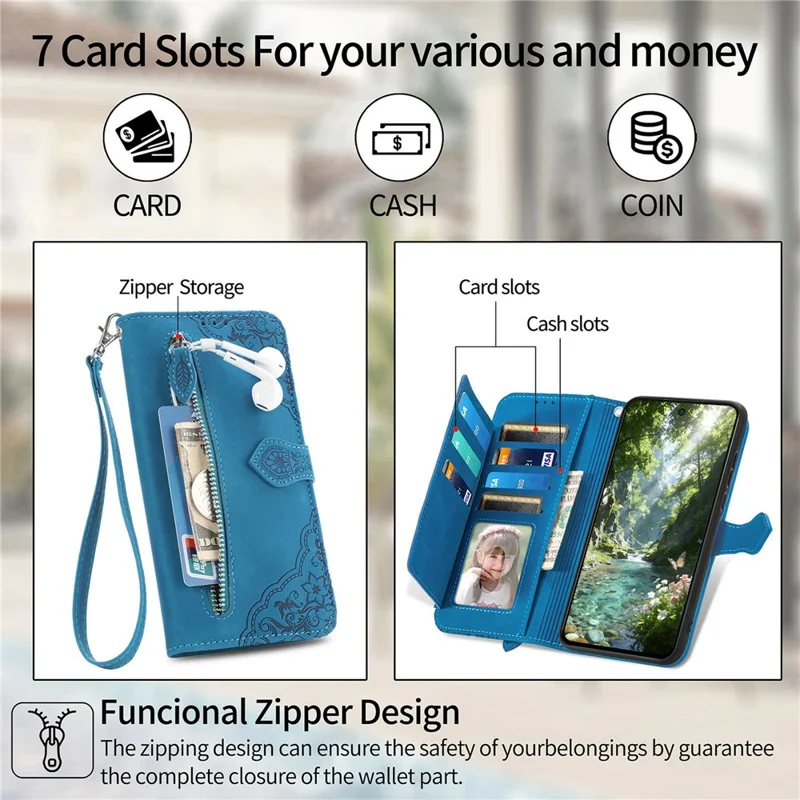 For OnePlus Turbo 6X Pro 5G Zipper Wallet Case with Strap Flower Imprint PU Leather Phone Cover - Blue