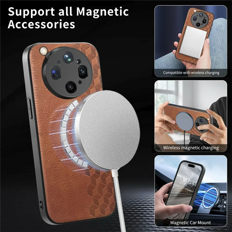 For Oppo Find X9 Ultra 5G Magnetic Phone Case with Grid Pattern Protective PU Leather + PC Cover - Brown
