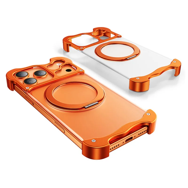 Funda para iPhone 17 Pro Max con Soporte Giratorio Magnético, Carcasa sin Marco de Aleación de Aluminio Forjado y PC - Naranja