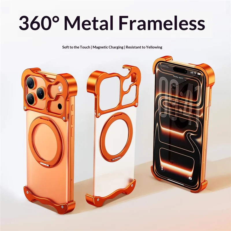 Funda para iPhone 17 Pro Max con Soporte Giratorio Magnético, Carcasa sin Marco de Aleación de Aluminio Forjado y PC - Naranja