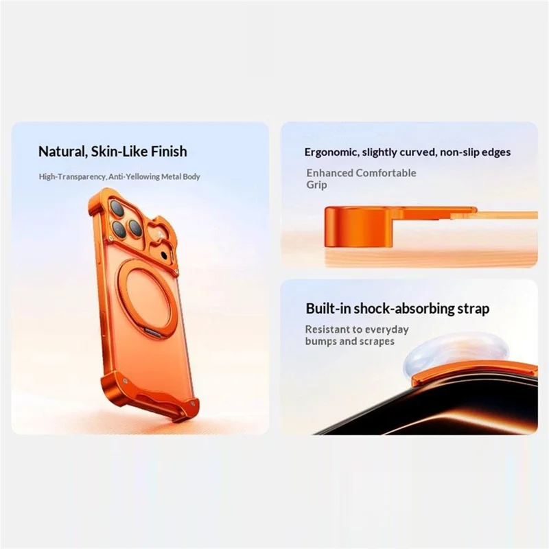 Funda para iPhone 17 Pro Max con Soporte Giratorio Magnético, Carcasa sin Marco de Aleación de Aluminio Forjado y PC - Naranja