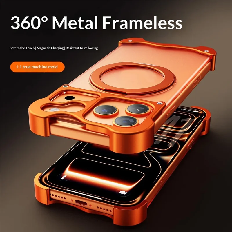 Funda para iPhone 17 Pro Max con Soporte Giratorio Magnético, Carcasa sin Marco de Aleación de Aluminio Forjado y PC - Naranja