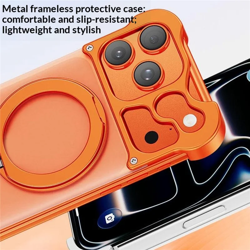 Funda para iPhone 17 Pro Max con Soporte Giratorio Magnético, Carcasa sin Marco de Aleación de Aluminio Forjado y PC - Naranja